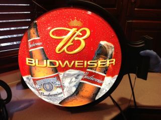 Htf Budweiser Beer Advertising Side Mount Rotating Light Sign 2 Sided