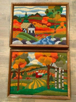 Set Of 2 Vintage 70s Crewel Embroidery Landscape Harvest Hippy Boho Art 16x12