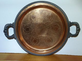 Vintage Silver On Copper Round Serving Tray With Handles 14 "