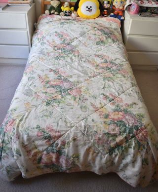 Vtg Laura Ashley Comforter Multi Color Country Roses W Pink Stripe Twin 84 " X60 "