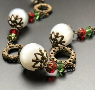 Vintage Czech Brass Filigree Art Deco White Cased Glass Bead Necklace Red Green