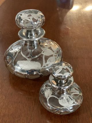 Antique Art Nouveau Alvin Sterling Silver Overlay Overlay Glass Perfume Bottles