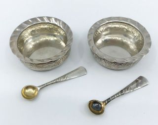 Antique Set (2) Sterling Silver Repoussé Salt Cellars With Spoons Gorham