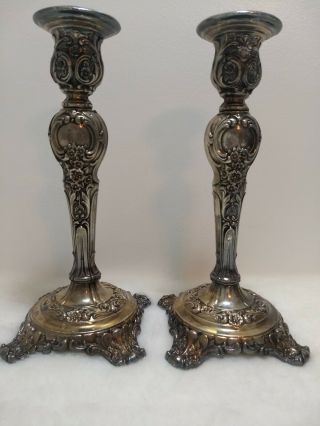2 Antique 1915 Wm Rogers & Son Silverplate Candlestick Holder Victorian Rose 9 "