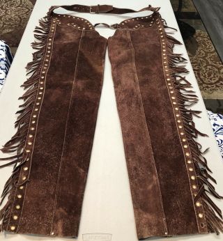 Old Vtg Western Brown Suede Leather Cowboy Chaps W/ Fringe 42” Adjustable Waist