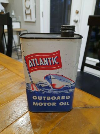Vintage Atlantic Outboard Motor Oil Can One - Quart Size.  Graphics.