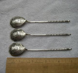 Set 3 19th C Russian Silver Coffee Spoons - Engraved Bowl Backs - Sh Ts,  1874