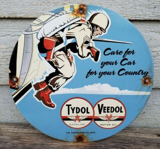 Old Vintage Dated 1943 Veedol Tydol Motor Oil Porcelain Enamel Gas Pump Sign