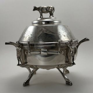 Reed & Barton Victorian Silver Plated Butter Dish Cow Finial Roman Guards