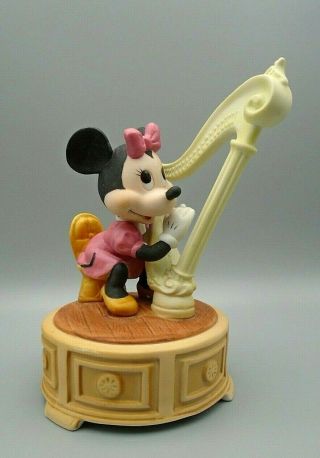 Vintage Disney Schmid Porcelain Music Box Minnie Mouse Playing The Harp