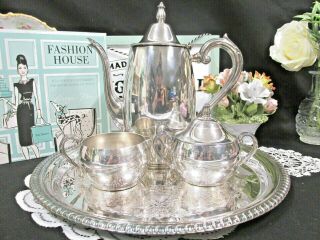 Vintage Oneida Silversmiths Silverplate Tea Set - Teapot Creamer Sugar Tray
