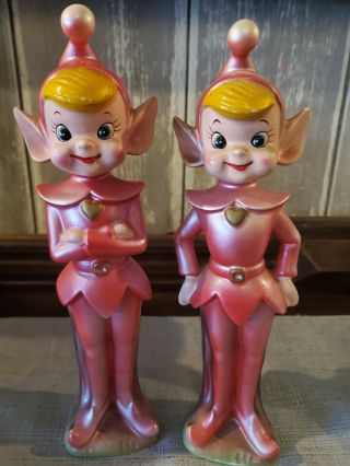 Vintage Ceramic Pixie / Elves Figurines Red Suits 10inch Tall Set Of 2 1950s