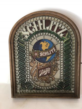 Vintage 1977 Schlitz Beer Bar Lighted Sign Faux Stained Glass Globe Large 26”