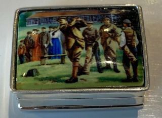 Rare Sterling Silver Pill Box With Enamel Lid With Golf Scene