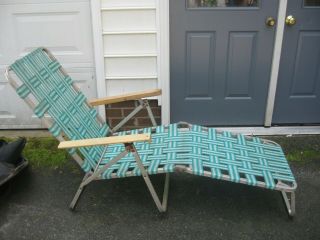 Aluminum Webbed Green Folding Beach Lawn Patio Porch Chair Chaise Lounge Vintage