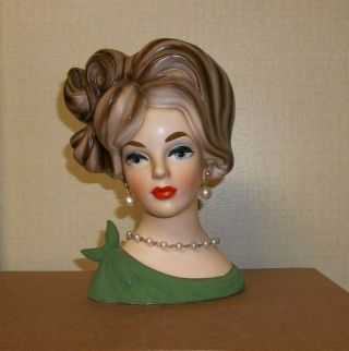 Vintage Lady Head Vase - Napco C7294 7 1/2 " Tall - Green - -