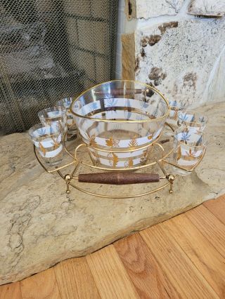 6 Vintage Mid Century Libbey Gold Leaf Glasses Ice Bucket & Caddy,  Barware