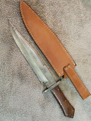 Large Damascus Bladed Bowie Knife 10 - 1/16 " Blade,  15 - 1/4 " Total,  Leather Sheath