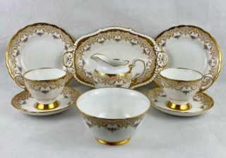 Gold Gilt Vintage 9 Piece Teaset Finest Tuscan China C1947 White D2338 Trio