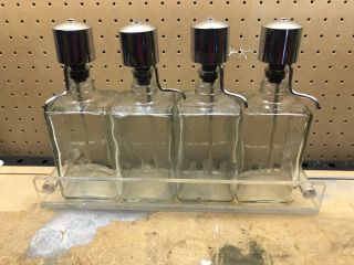 Mid - Century Liquor Decanter Set W/ Lucite Tray,  Etched Pump Bottles Mcm Vintage