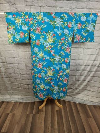 Vintage Japanese Silk Kimono Robe Blue Floral Print 2