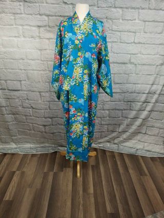 Vintage Japanese Silk Kimono Robe Blue Floral Print 3