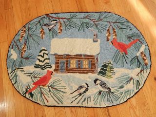 Vtg Claire Murray Nantucket Hooked Rug Winter Scene Oval Birds Log Cabin Snow