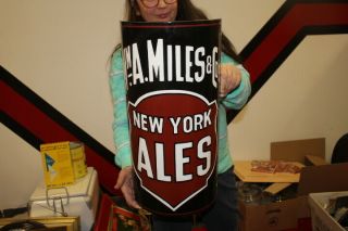 Large Wm.  A.  Miles York Ales Beer Gas Oil 20 " Curved Porcelain Metal Sign