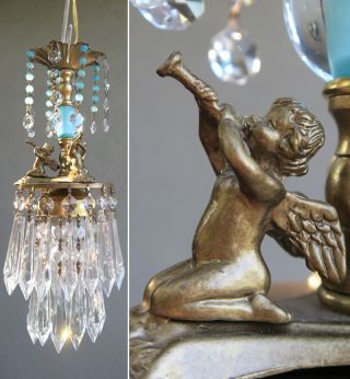 Vintage Chandelier Canopy Lamp Cherub Trumpeting Crystal Prism Brass Glass Beads