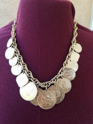 Vintage Franklin Golden Caribbean Coin Chunky Necklace 24k Gold Plated