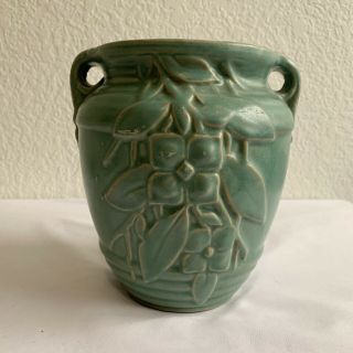 Vintage Mccoy Double Handle Matte Green Vase Different Floral Pattern Front Back