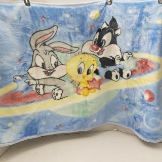 Vintage Baby Looney Tunes Bugs Bunny Sylvester Tweety Plush Blanket Blue Space