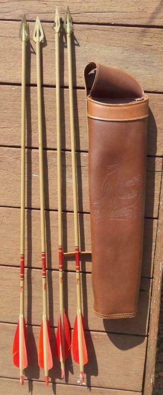 Vintage Fred Bear Leather Quiver With Indian On Front With 4 Bear Arrows & Broad