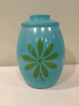 Vintage Mcm Bartlett Collins Glass Cookie Jar & Lid Aqua W/ Green Daisy Flower