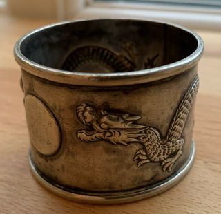 Antique Chinese Export Solid Silver Napkin Ring.  Wc.  Dragon Design.