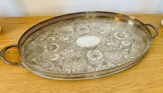 Antique Vintage British Silver Plated On Copper Gallery Chased Tray - Handles