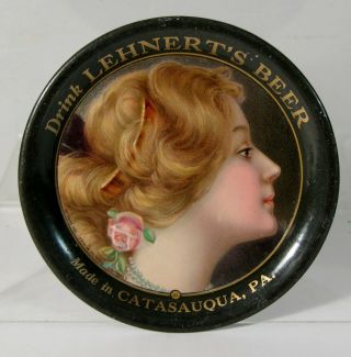 1907 Lehnert Beer Tin Litho Advertising Tip Tray Woman Lehnert Brewing