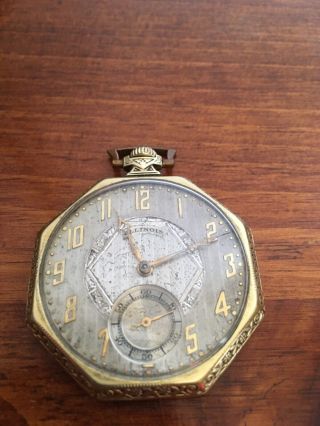 Vintage Illinois Octogonal Pocket Watch Size 12s,  17 Jewels