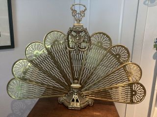 Vintage Brass Fold Out Peacock Fan Fireplace Screen Victorian Style