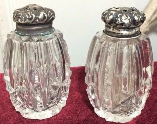 Rare Antique Cherub Head Cut Crystal Glass & Sterling Silver Salt Pepper Shakers
