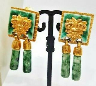 Salvador Teran Marbel Vintage Old Mexico Aztec Green Gold Plate Earrings