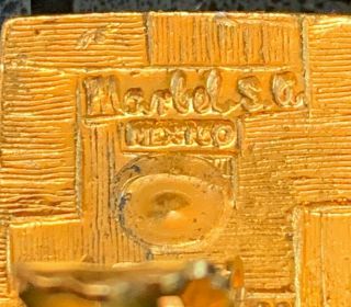 SALVADOR TERAN MARBEL Vintage old MEXICO AZTEC Green Gold plate EARRINGS 3