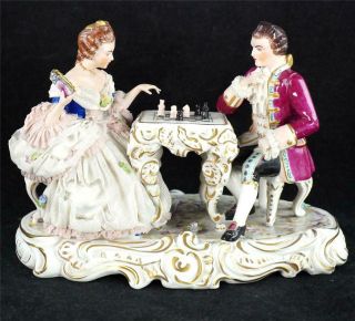 Vintage Muller Volkstedt Dresden Lace Porcelain Figurine Chess Playing