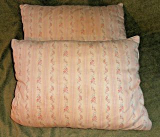 2 Vintage Feather & Down Pillows Ticking Pink Floral Pillow