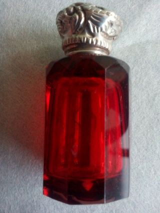 Antique Cranberry Glass & Silver Dressing Table Perfume Scent Bottle Inc Stopper
