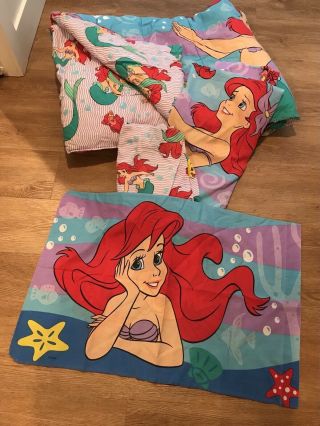 Vtg 90s Disney Little Mermaid Twin Comforter,  Flat & Fitted Sheet W/ Pillowcase