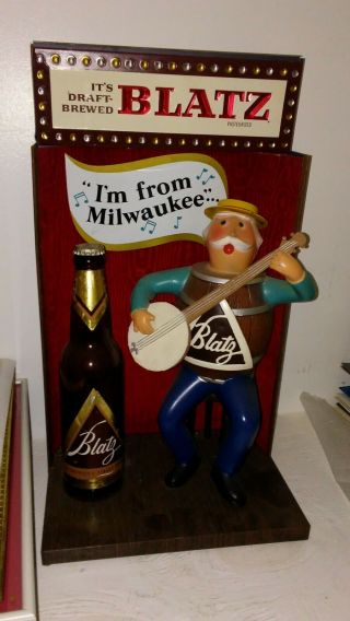 Blatz Beer Sign 1958 Cast Metal Barrel With Guy Playing Banjo Collectible