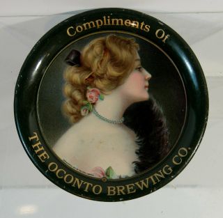 1907 Oconto Beer Tin Litho Advertising Tip Tray Woman Oconto Brewing