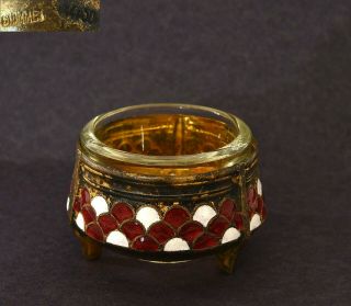 Vintage Russian Gilt Silver Plated Enamel Salt Cellar With Glass Cup Marked