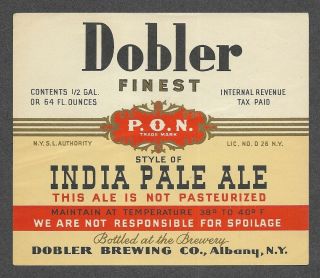 Half Gal.  Dobler India Pale Ale Beer Label,  Irtp,  Albany,  Ny,  64 Oz,  Party Size
